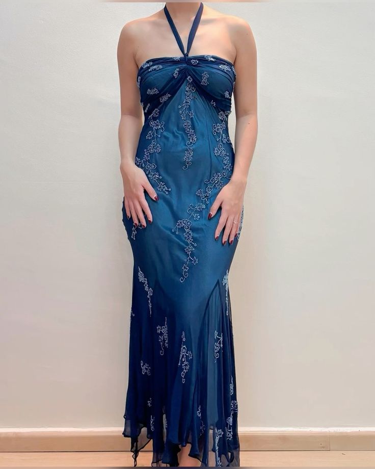 Vintage Blue Chiffon Long Classy Prom Dress Elegant Beaded Party Dress