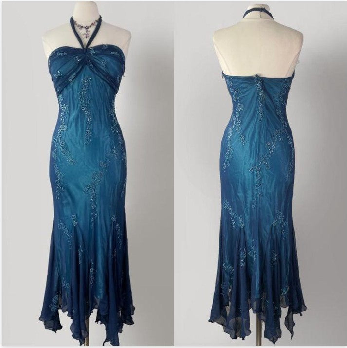 Vintage Blue Chiffon Long Classy Prom Dress Elegant Beaded Party Dress