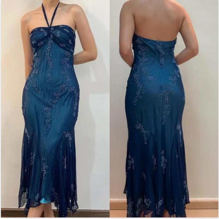 Vintage Blue Chiffon Long Classy Prom Dress Elegant Beaded Party Dress