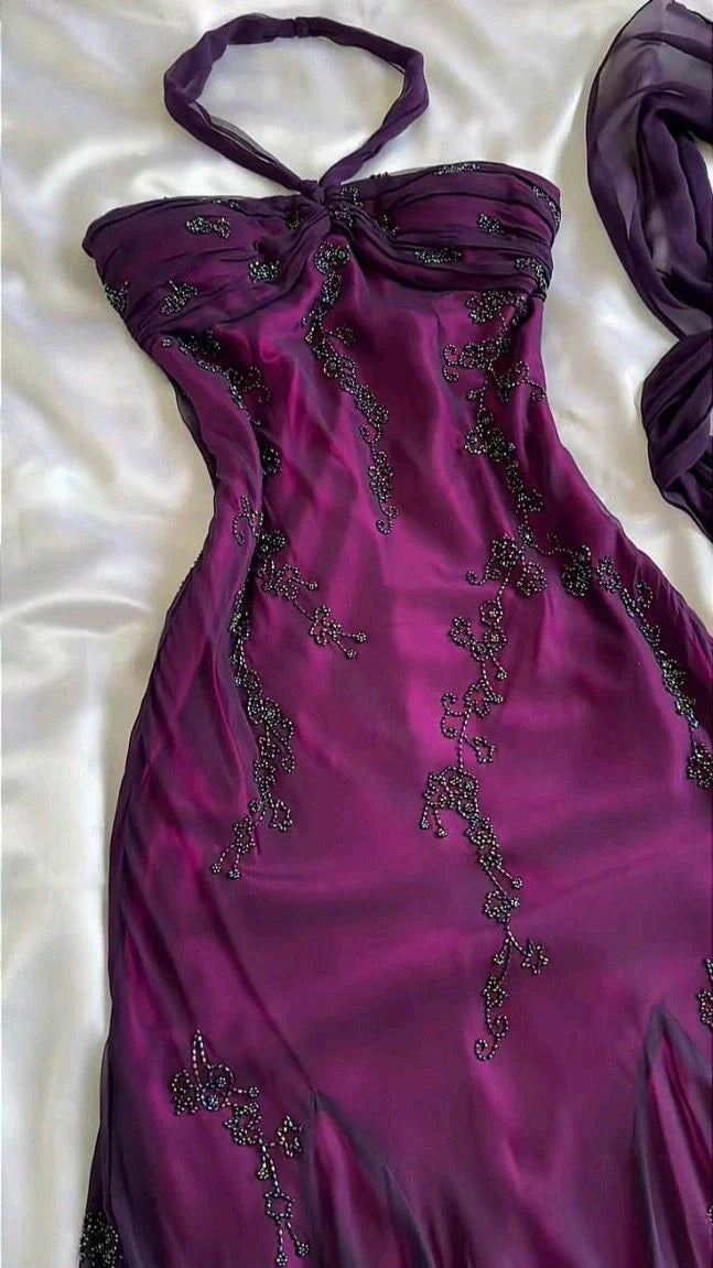 Vintage Blue Chiffon Long Classy Prom Dress Elegant Beaded Party Dress