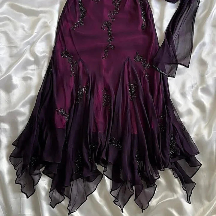 Vintage Blue Chiffon Long Classy Prom Dress Elegant Beaded Party Dress