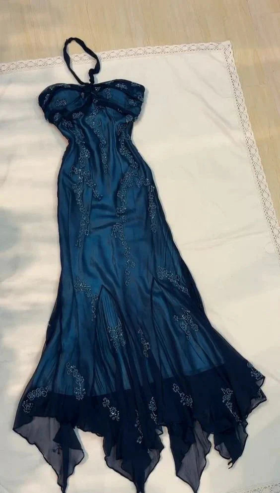 Vintage Blue Chiffon Long Classy Prom Dress Elegant Beaded Party Dress