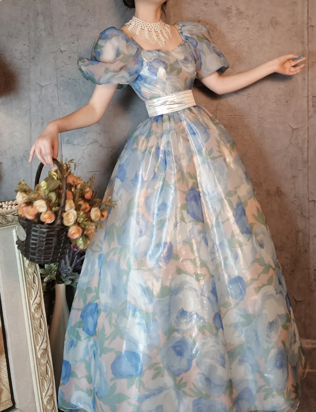 Vintage Blue Floral A-Line Square Neck Puff Sleeve Glossy Organza Long Classy Prom Dress Main image