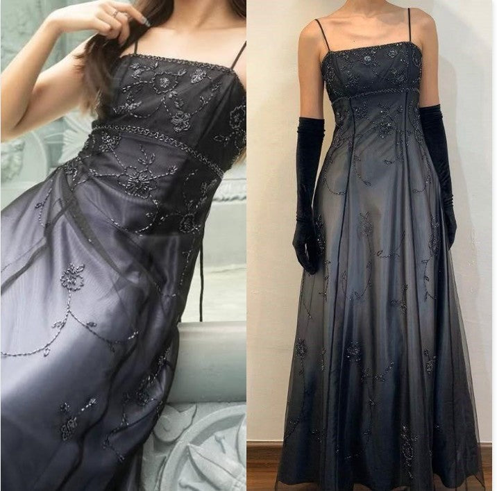Vintage Blue Gradient Empire Classy Prom Dress Backless Romantic Beaded Classy Evening Dress Guest Dress