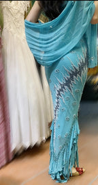Vintage Blue Mermaid Halter-Neck Ruffled Beaded Chiffon Long Classy Prom Dress