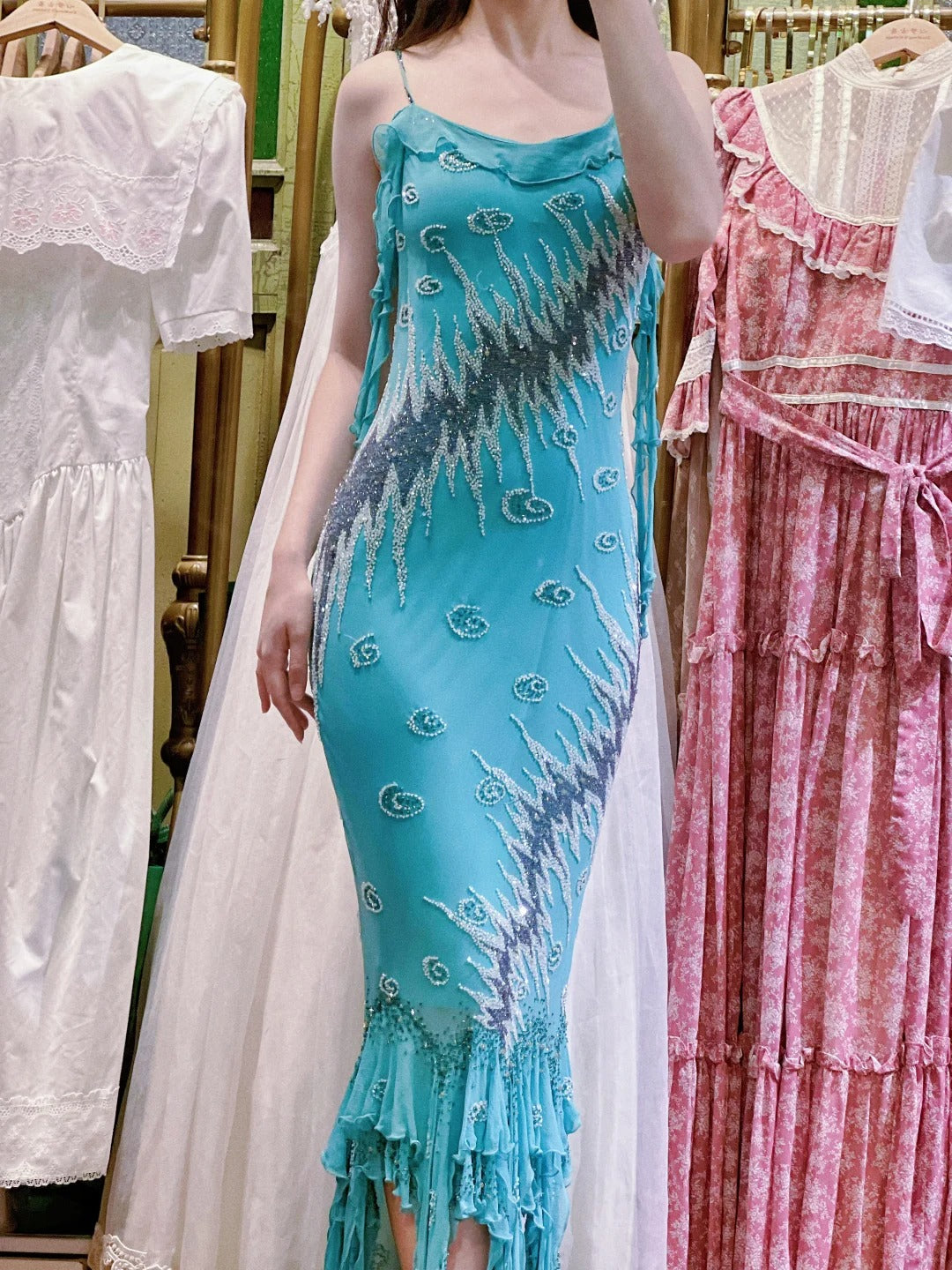 Vintage Blue Mermaid Halter-Neck Ruffled Beaded Chiffon Long Classy Prom Dress Main image