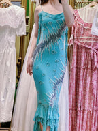 Vintage Blue Mermaid Halter-Neck Ruffled Beaded Chiffon Long Classy Prom Dress