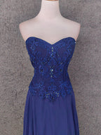 Vintage Blue Sweetheart Neck Embroidered Chiffon Long Classy Prom Dress