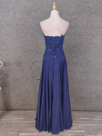Vintage Blue Sweetheart Neck Embroidered Chiffon Long Classy Prom Dress