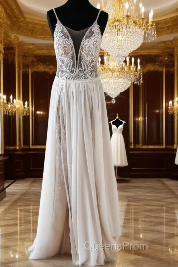 Vintage Boho V Neck Split Wedding Dress Lace Embroidery Main image