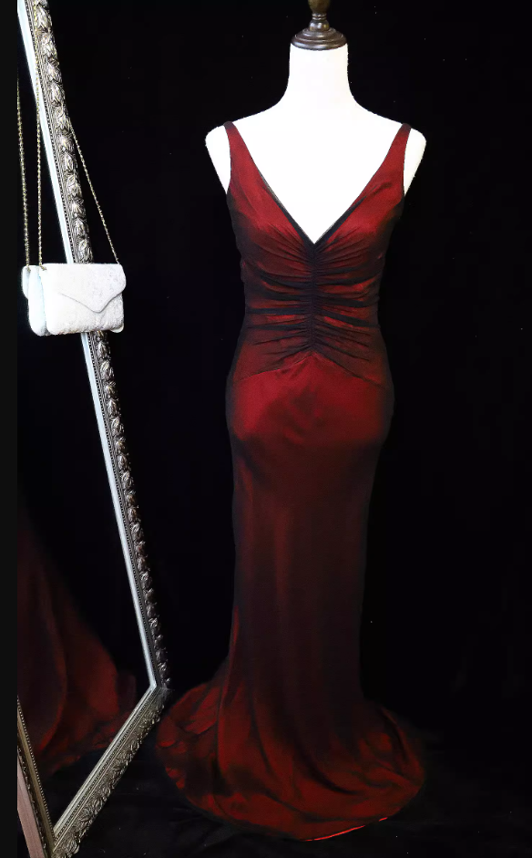 Vintage Bright Burgundy Mermaid V-Neck Ruched Satin Long Classy Prom Dress Main image