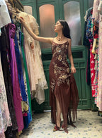 Vintage Brown Irregular Strap Beaded Sequined Classy Prom Dress