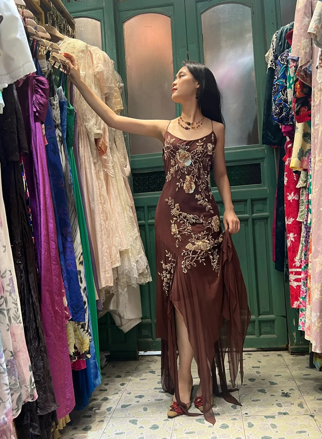 Vintage Brown Irregular Strap Beaded Sequined Classy Prom Dress