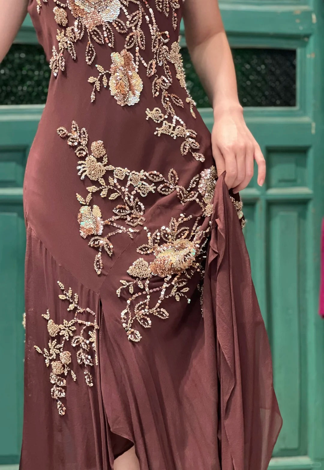 Vintage Brown Irregular Strap Beaded Sequined Classy Prom Dress