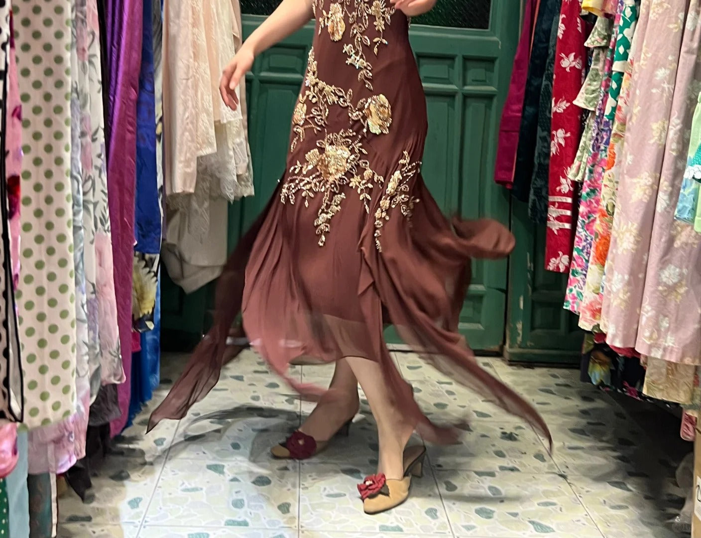 Vintage Brown Irregular Strap Beaded Sequined Classy Prom Dress