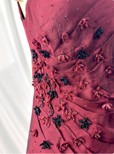 Vintage Burgundy 3D Beaded Flower Square Neck Chiffon Long Classy Prom Dress