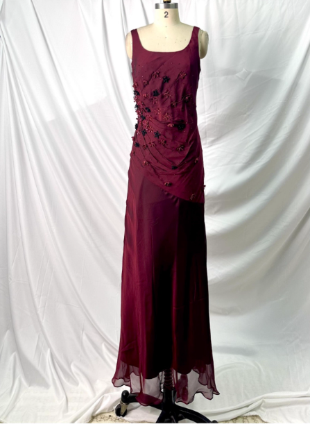 Vintage Burgundy 3D Beaded Flower Square Neck Chiffon Long Classy Prom Dress Main image