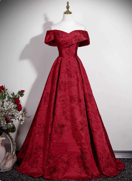 Vintage Burgundy A-Line Off-The-Shoulder Jacquard Satin Long Classy Prom Dress Secondary image