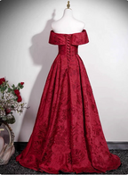 Vintage Burgundy A-Line Off-The-Shoulder Jacquard Satin Long Classy Prom Dress