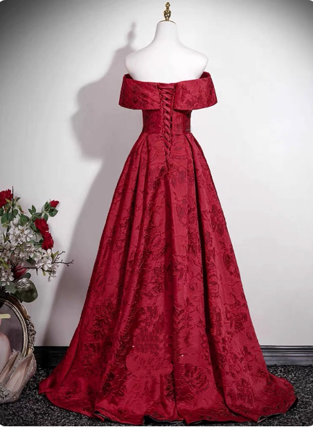 Vintage Burgundy A-Line Off-The-Shoulder Jacquard Satin Long Classy Prom Dress