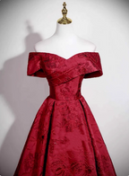 Vintage Burgundy A-Line Off-The-Shoulder Jacquard Satin Long Classy Prom Dress