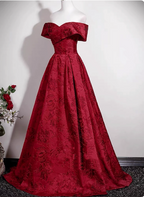 Vintage Burgundy A-Line Off-The-Shoulder Jacquard Satin Long Classy Prom Dress