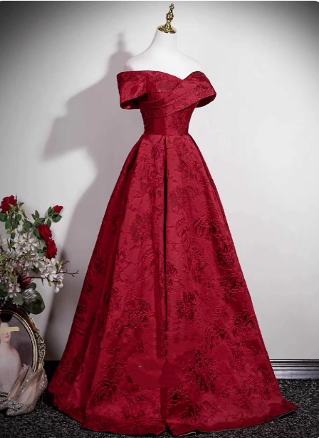 Vintage Burgundy A-Line Off-The-Shoulder Jacquard Satin Long Classy Prom Dress Main image