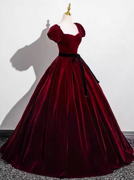 Vintage Burgundy A-Line Puff Sleeve Velvet Long Classy Prom Dress Secondary image