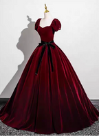 Vintage Burgundy A-Line Puff Sleeve Velvet Long Classy Prom Dress