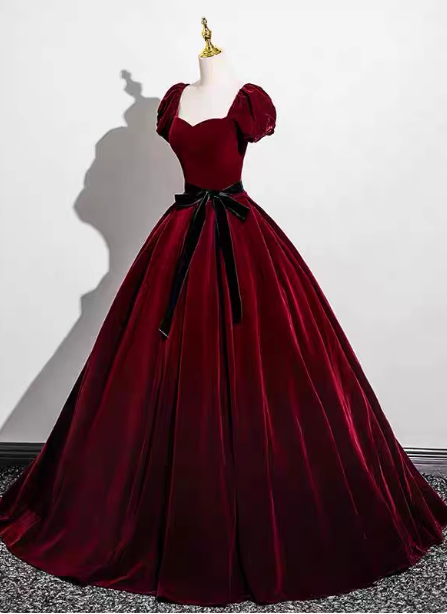 Vintage Burgundy A-Line Puff Sleeve Velvet Long Classy Prom Dress
