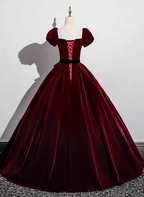 Vintage Burgundy A-Line Puff Sleeve Velvet Long Classy Prom Dress