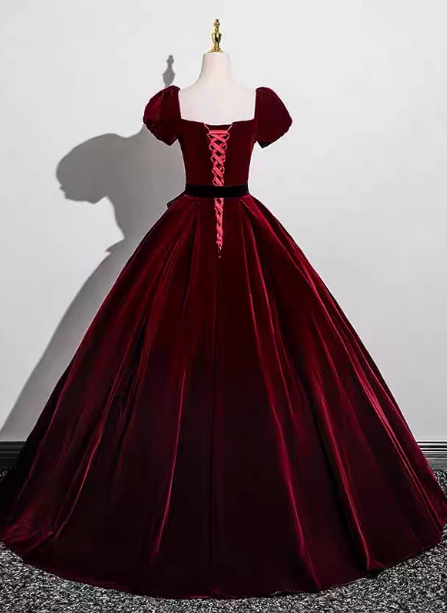 Vintage Burgundy A-Line Puff Sleeve Velvet Long Classy Prom Dress
