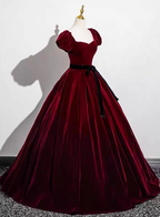 Vintage Burgundy A-Line Puff Sleeve Velvet Long Classy Prom Dress