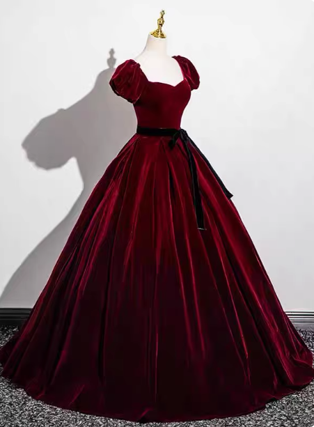 Vintage Burgundy A-Line Puff Sleeve Velvet Long Classy Prom Dress