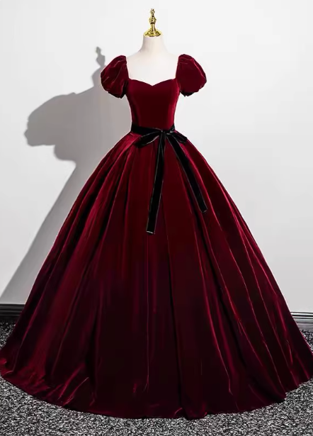 Vintage Burgundy A-Line Puff Sleeve Velvet Long Classy Prom Dress Main image