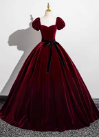 Vintage Burgundy A-Line Puff Sleeve Velvet Long Classy Prom Dress