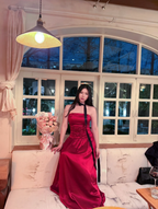 Vintage Burgundy A-Line Strapless Satin Long Classy Prom Dress