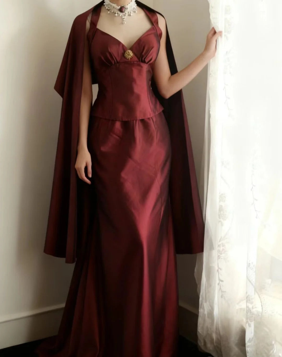 Vintage Burgundy Halter Neck Mermaid Satin Long Classy Prom Dress