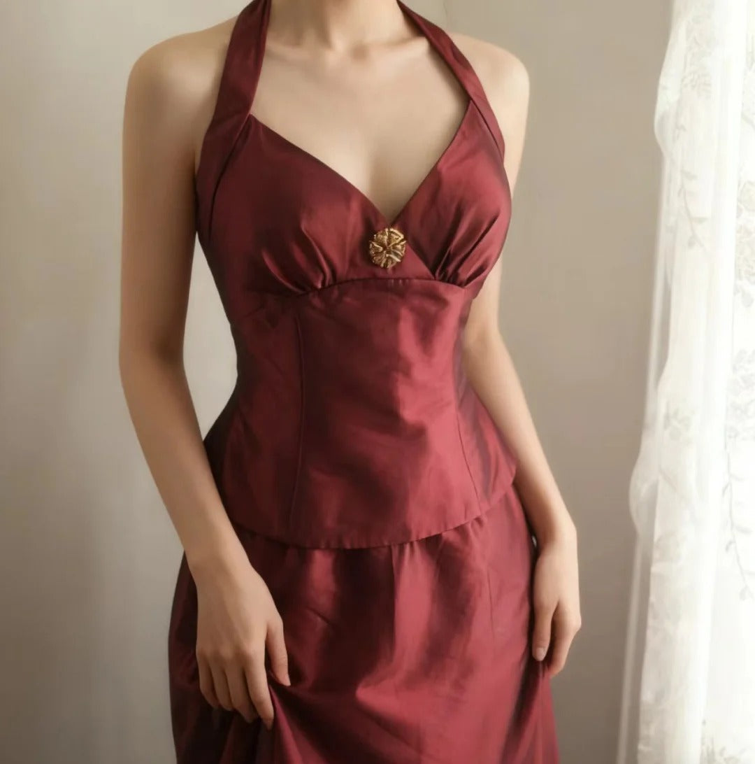 Vintage Burgundy Halter Neck Mermaid Satin Long Classy Prom Dress