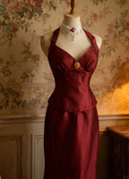 Vintage Burgundy Halter Neck Mermaid Satin Long Classy Prom Dress