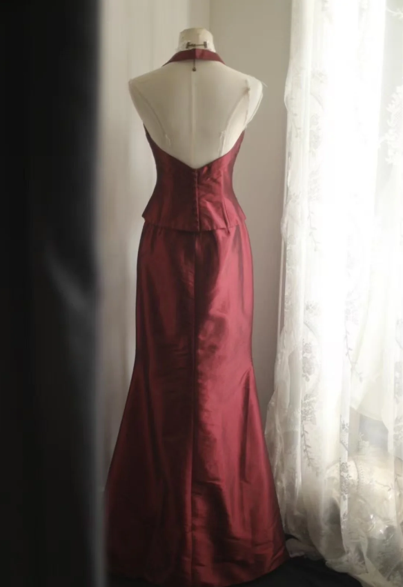 Vintage Burgundy Halter Neck Mermaid Satin Long Classy Prom Dress