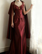 Vintage Burgundy Halter Neck Mermaid Satin Long Classy Prom Dress