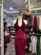 Vintage Burgundy Halter Neck Velvet Satin Long Classy Prom Dress