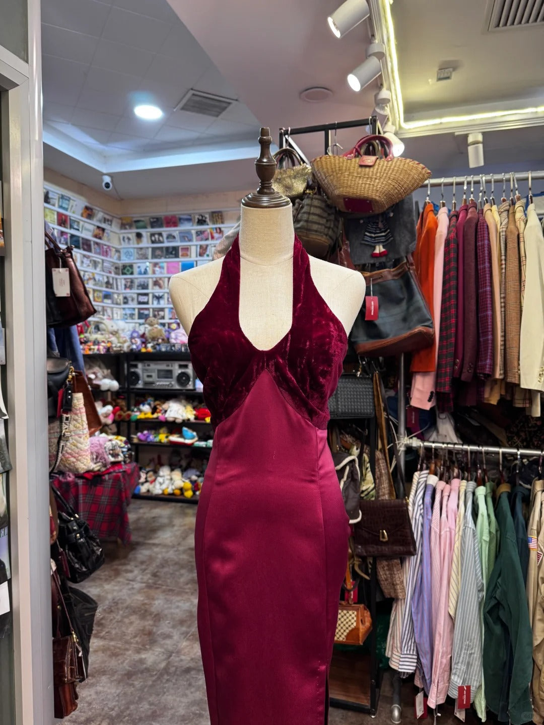 Vintage Burgundy Halter Neck Velvet Satin Long Classy Prom Dress
