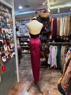 Vintage Burgundy Halter Neck Velvet Satin Long Classy Prom Dress