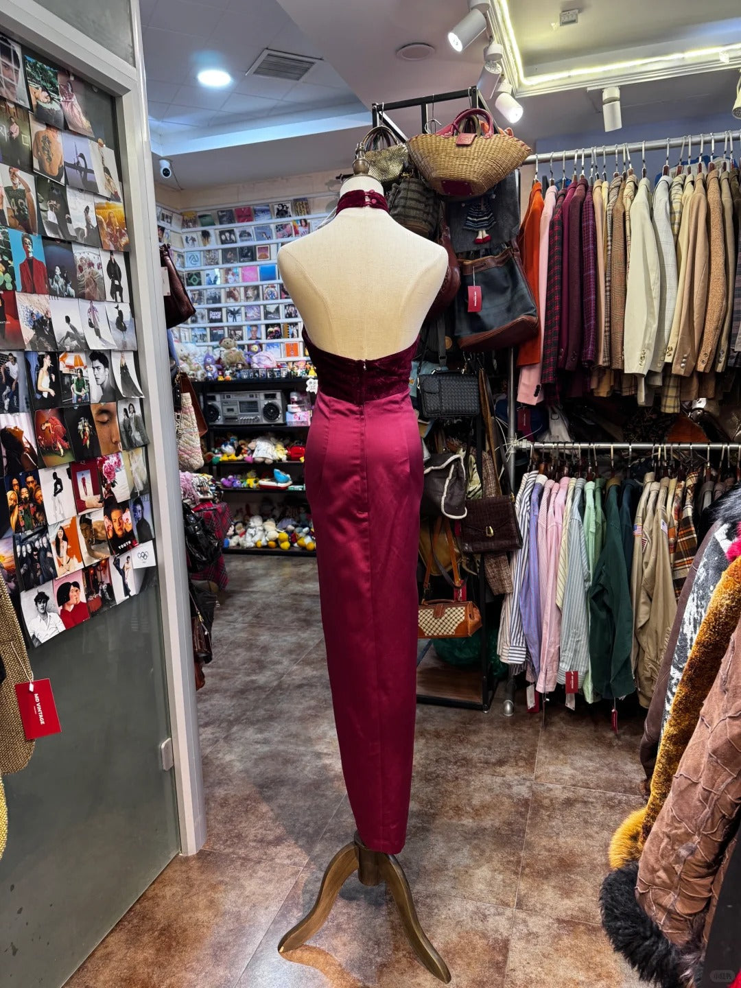 Vintage Burgundy Halter Neck Velvet Satin Long Classy Prom Dress