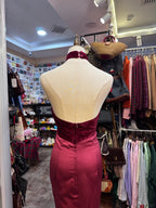 Vintage Burgundy Halter Neck Velvet Satin Long Classy Prom Dress