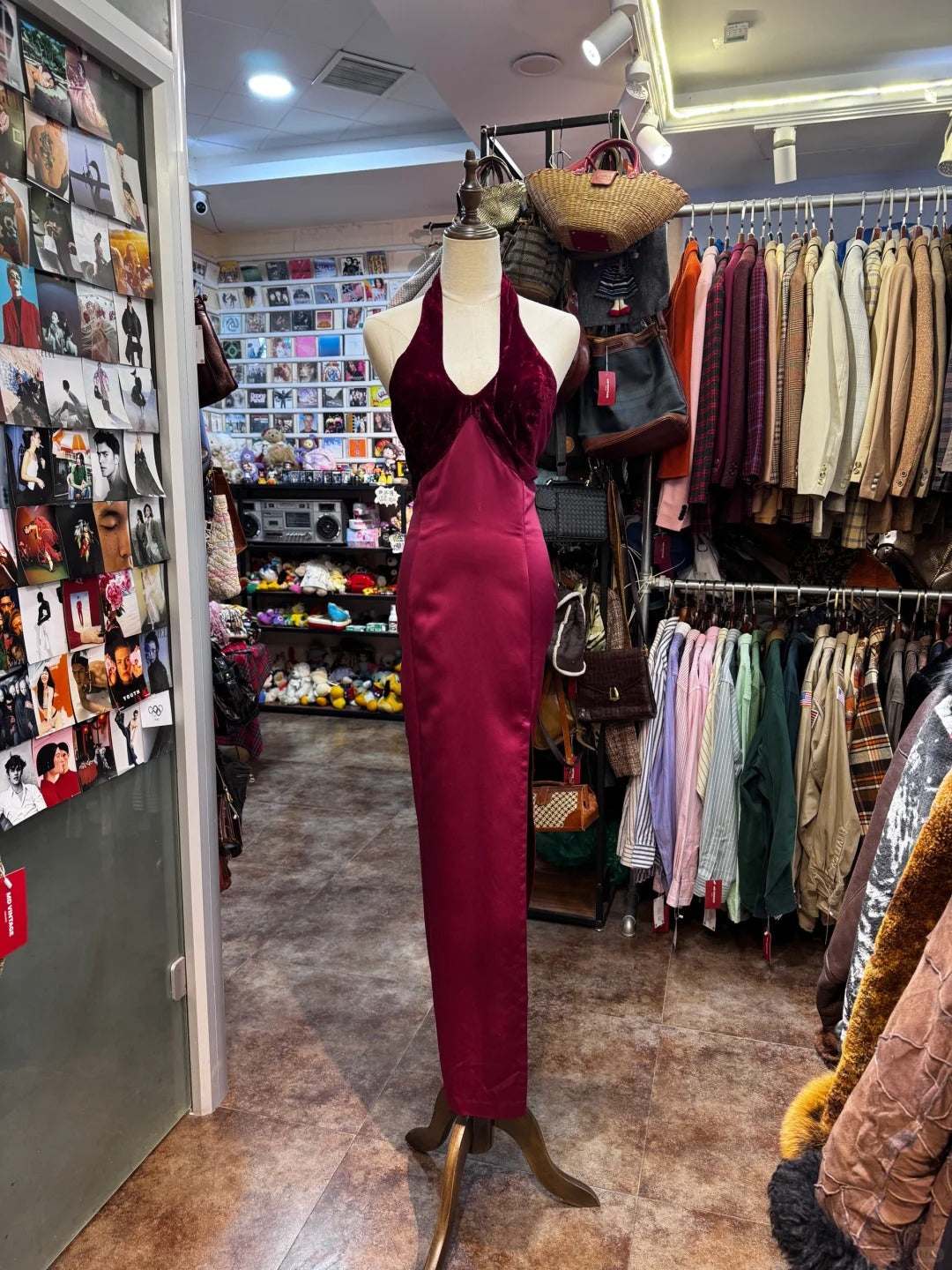 Vintage Burgundy Halter Neck Velvet Satin Long Classy Prom Dress Main image