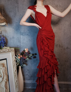 Vintage Burgundy Mermaid Deep V-Neck Layered Ruffle Chiffon Long Classy Prom Dress