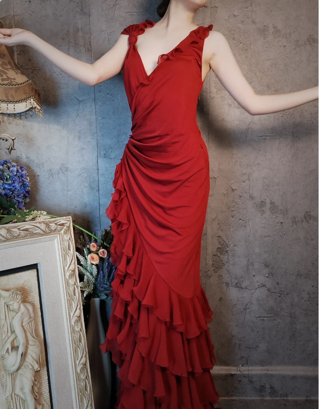 Vintage Burgundy Mermaid Deep V-Neck Layered Ruffle Chiffon Long Classy Prom Dress